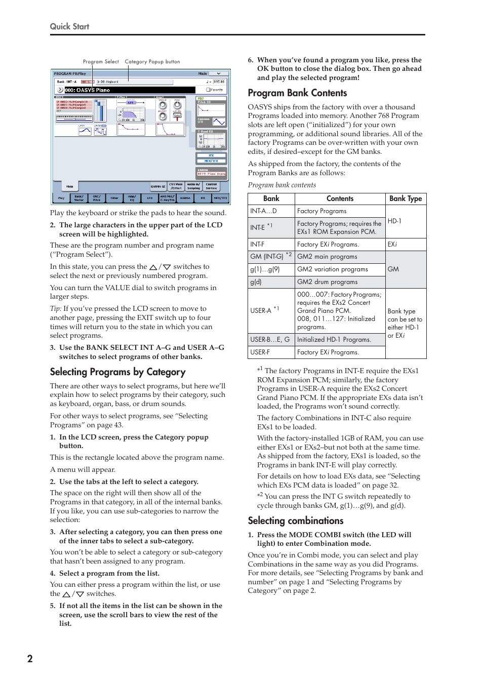 Selecting programs by category, Program bank contents, Selecting combinations | KORG OASYS musical instruments User Manual | Page 10 / 241