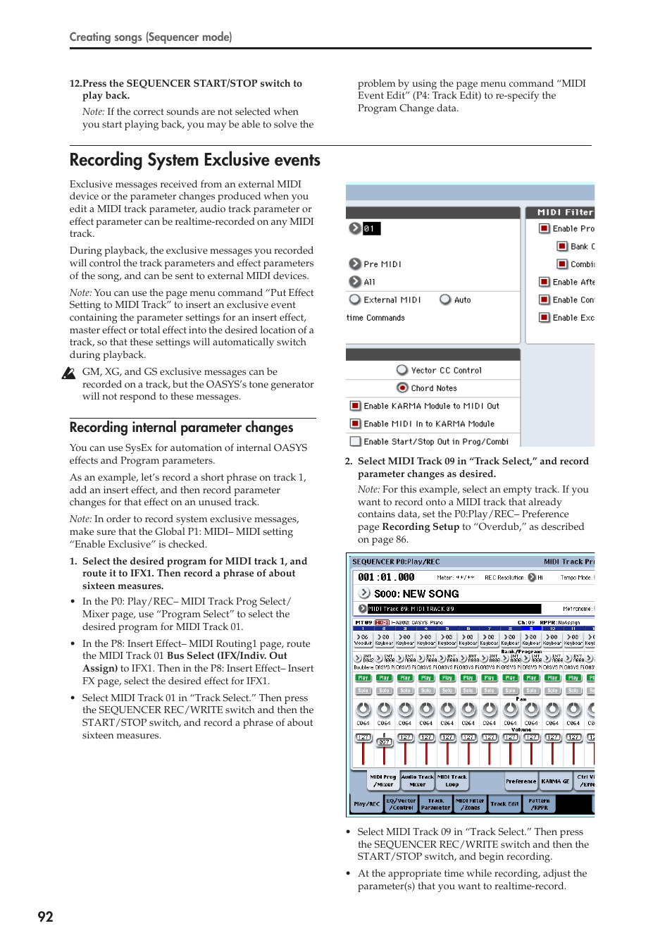 Recording system exclusive events, Recording internal parameter changes | KORG OASYS musical instruments User Manual | Page 100 / 241