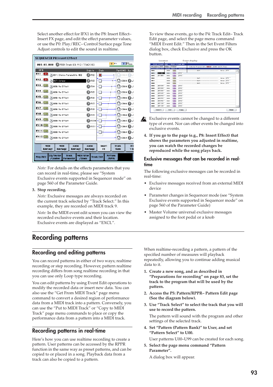 Recording patterns, Recording and editing patterns, Recording patterns in real-time | KORG OASYS musical instruments User Manual | Page 101 / 241