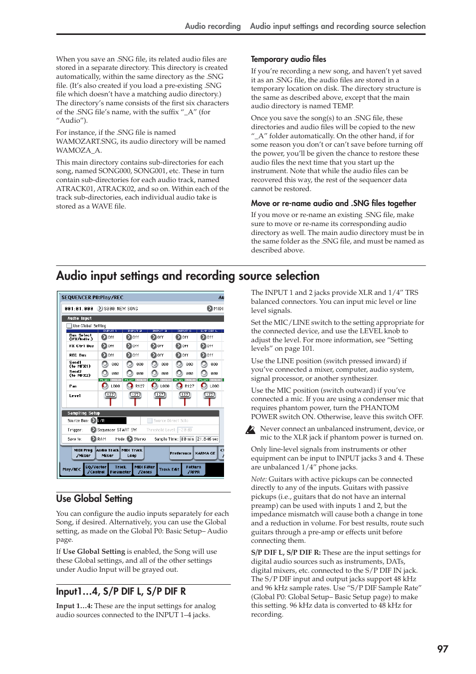 Use global setting, Input1…4, s/p dif l, s/p dif r | KORG OASYS musical instruments User Manual | Page 105 / 241