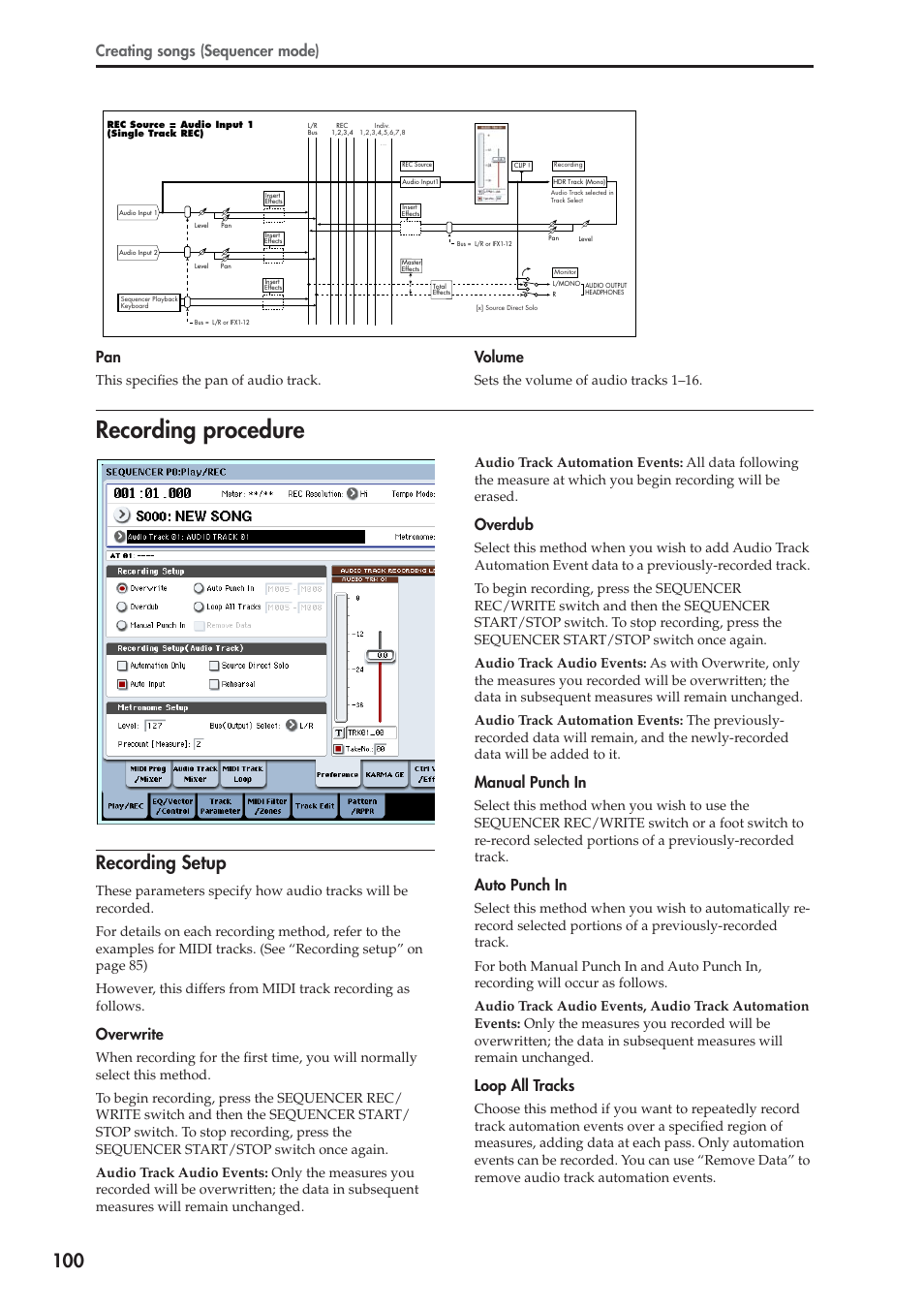 Recording procedure, Recording setup, Creating songs (sequencer mode) | Volume, Overwrite, Overdub, Manual punch in, Auto punch in, Loop all tracks, This specifies the pan of audio track | KORG OASYS musical instruments User Manual | Page 108 / 241