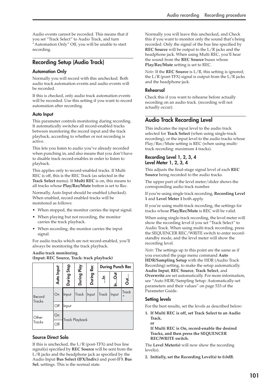 Recording setup (audio track), Audio track recording level | KORG OASYS musical instruments User Manual | Page 109 / 241