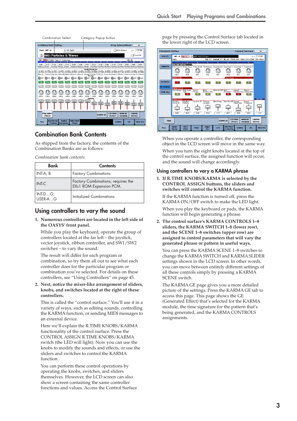 3 combination bank contents, Using controllers to vary the sound | KORG OASYS musical instruments User Manual | Page 11 / 241