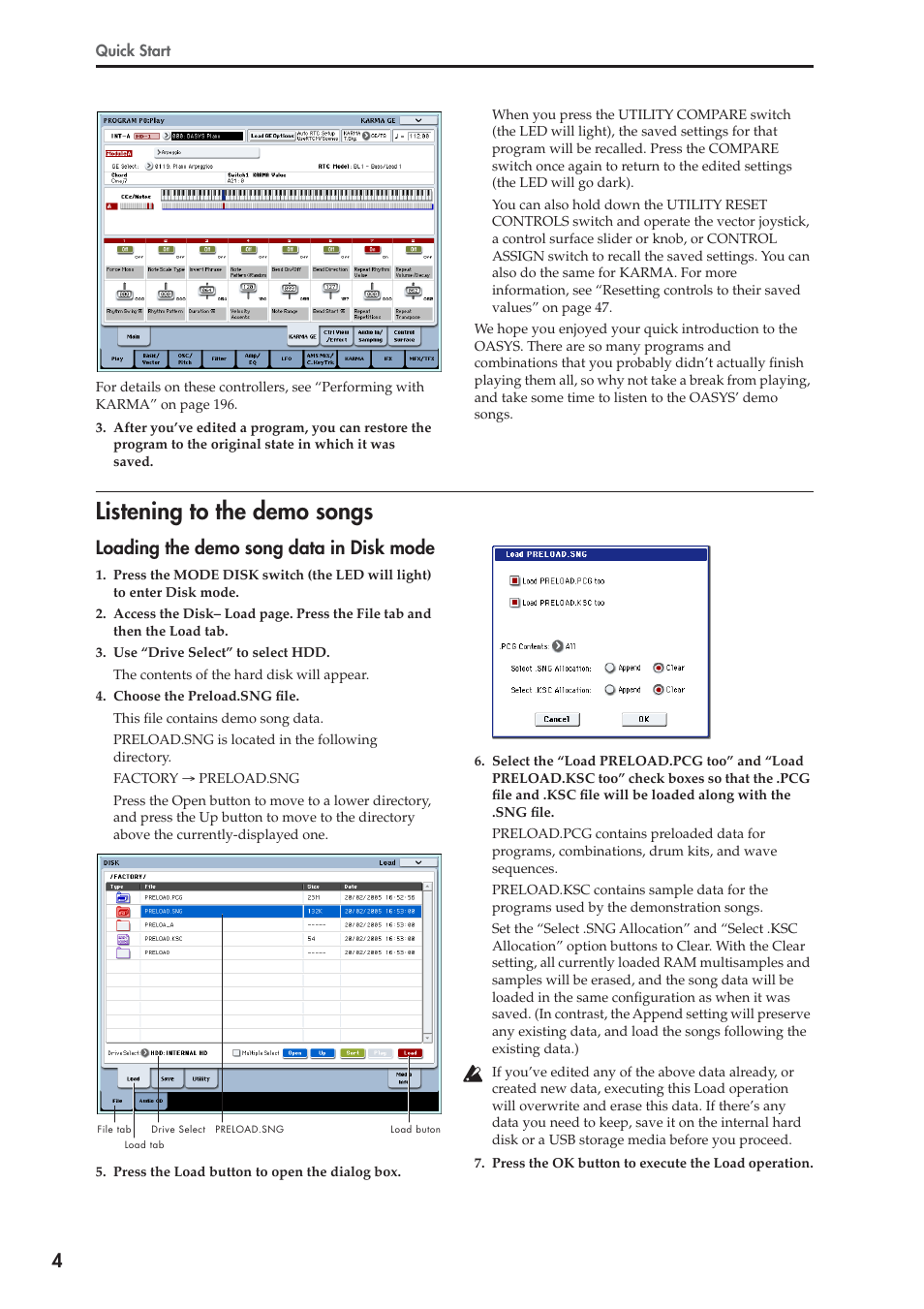 Listening to the demo songs, Loading the demo song data in disk mode | KORG OASYS musical instruments User Manual | Page 12 / 241