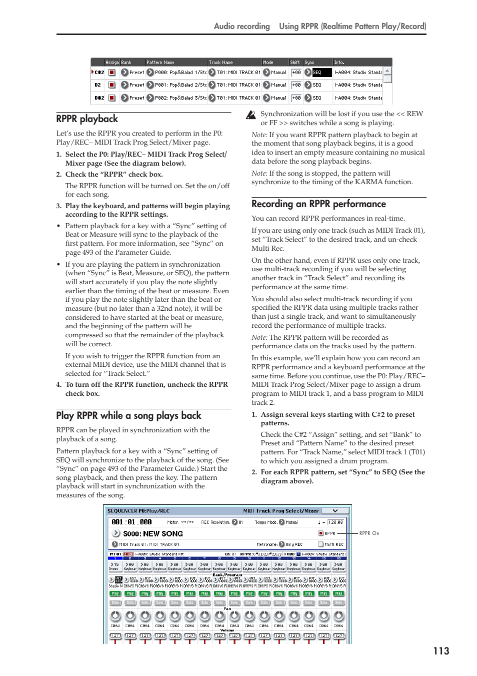 113 rppr playback, Play rppr while a song plays back, Recording an rppr performance | KORG OASYS musical instruments User Manual | Page 121 / 241