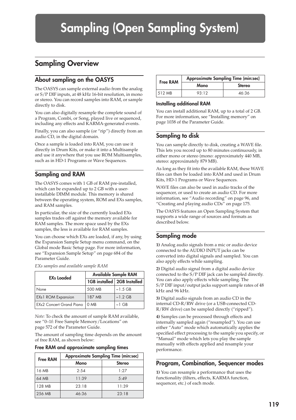 Sampling (open sampling system), Sampling overview, About sampling on the oasys | Sampling and ram, Sampling to disk, Sampling mode, Program, combination, sequencer modes | KORG OASYS musical instruments User Manual | Page 127 / 241