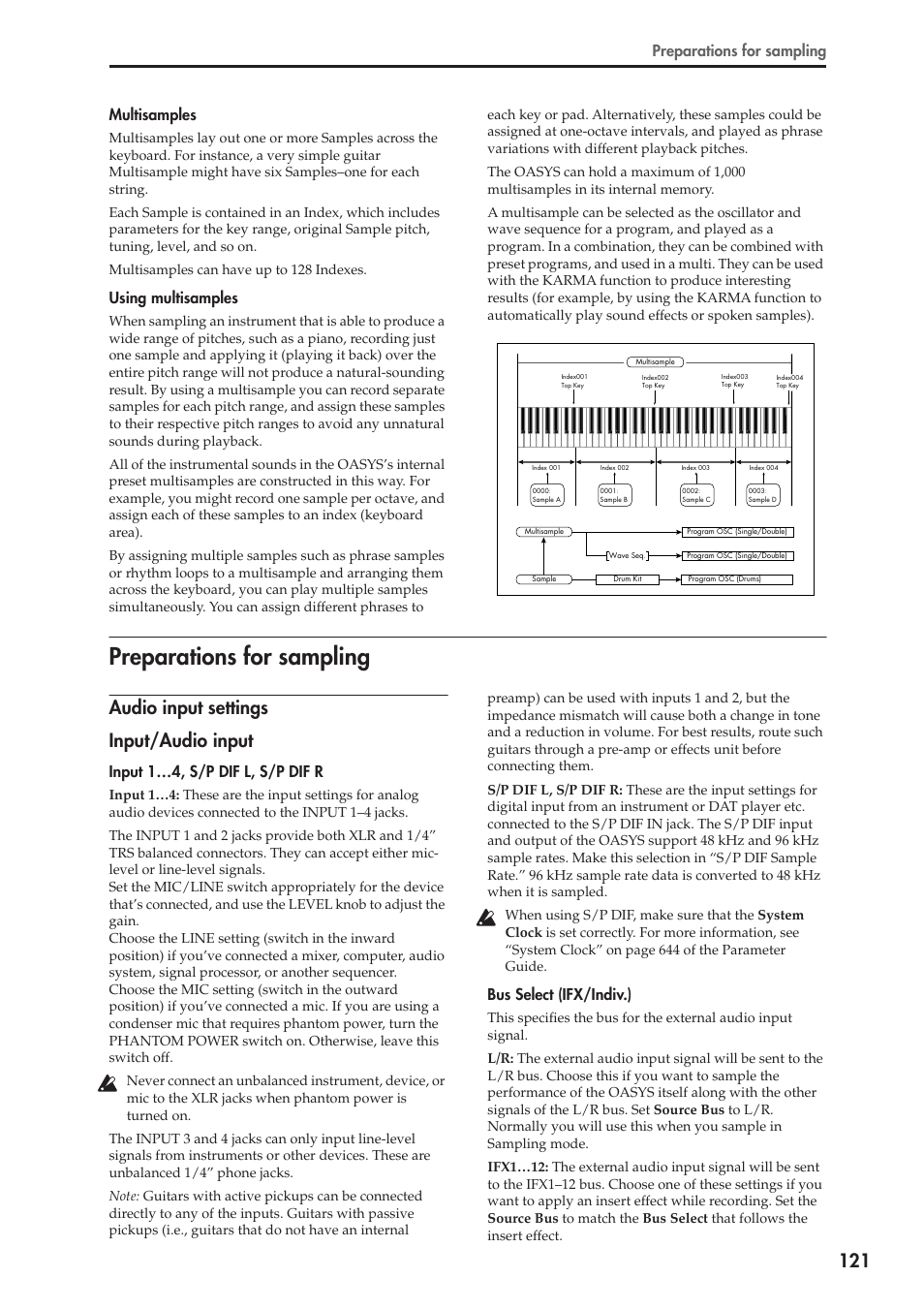 Preparations for sampling, Audio input settings input/audio input, Multisamples | Using multisamples, Input 1…4, s/p dif l, s/p dif r, Bus select (ifx/indiv.) | KORG OASYS musical instruments User Manual | Page 129 / 241