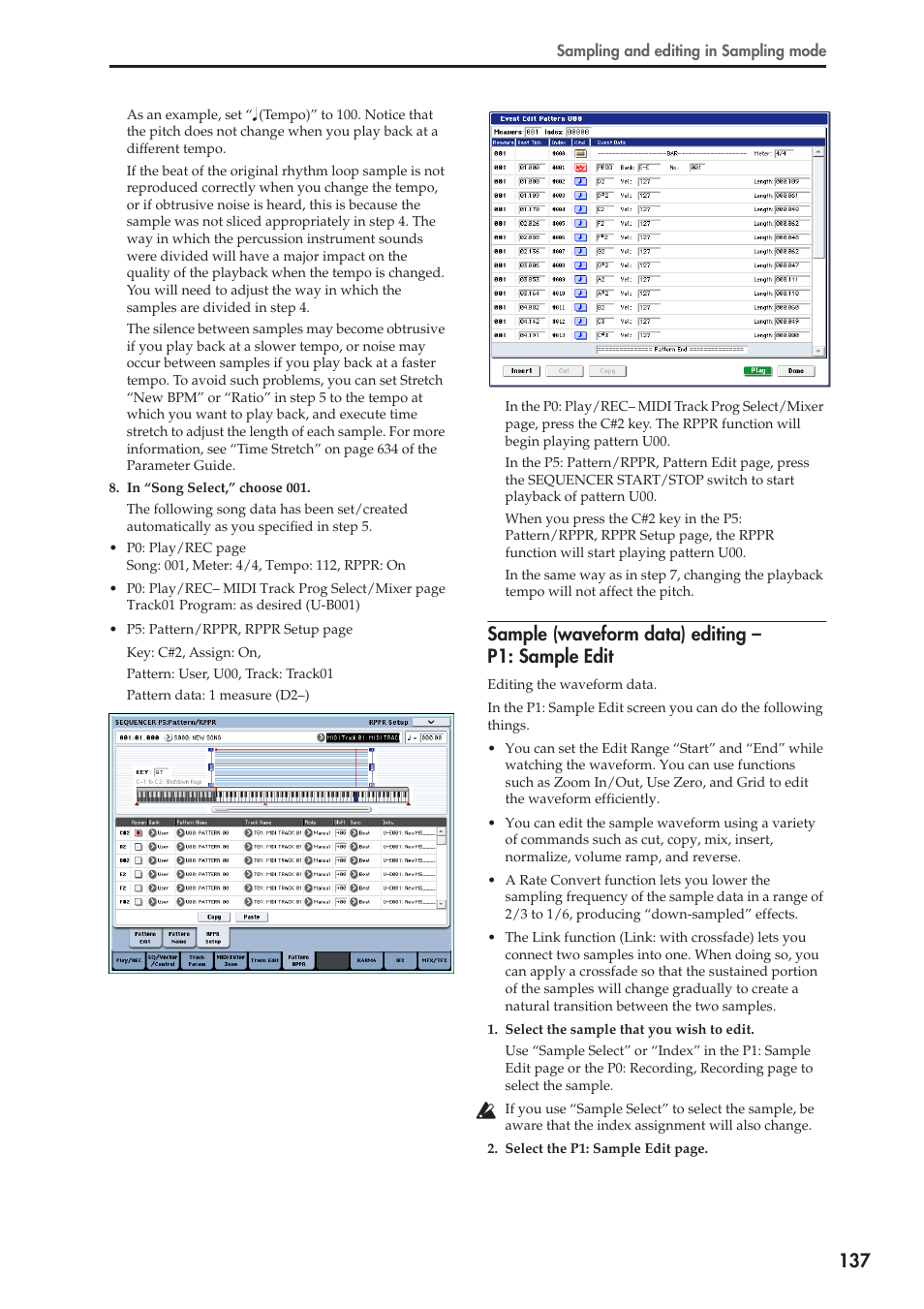 Sample (waveform data) editing – p1: sample edit | KORG OASYS musical instruments User Manual | Page 145 / 241