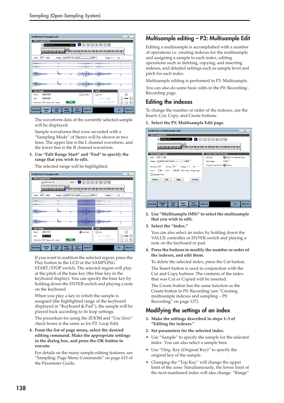 Multisample editing – p3: multisample edit, Editing the indexes, Modifying the settings of an index | KORG OASYS musical instruments User Manual | Page 146 / 241