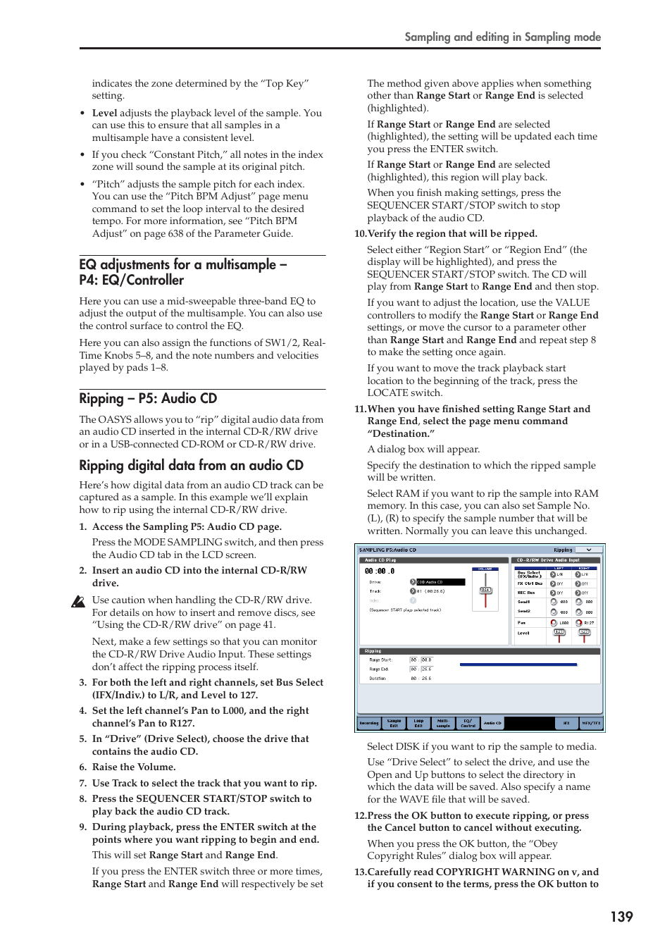 Ripping – p5: audio cd, Ripping digital data from an audio cd | KORG OASYS musical instruments User Manual | Page 147 / 241