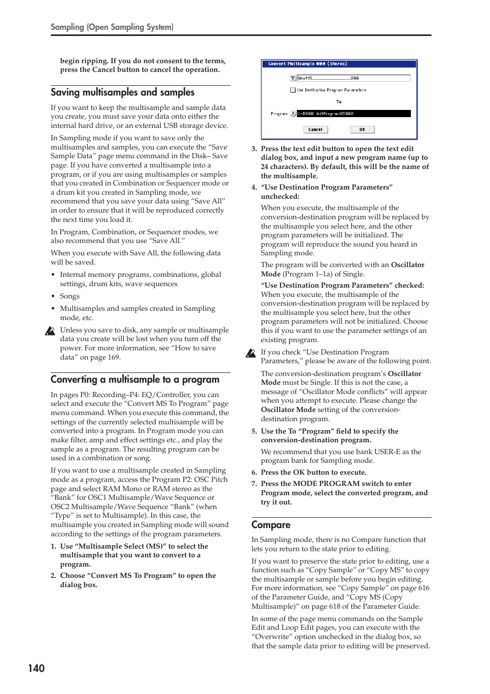 Saving multisamples and samples, Converting a multisample to a program, Compare | KORG OASYS musical instruments User Manual | Page 148 / 241