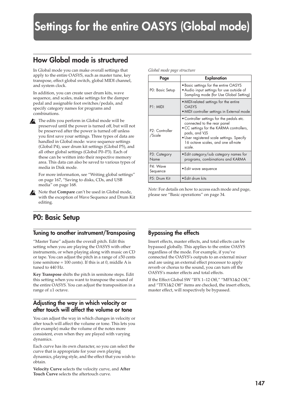 Settings for the entire oasys (global mode), How global mode is structured, P0: basic setup | How global mode is structured p0: basic setup, Tuning to another instrument/transposing, Bypassing the effects | KORG OASYS musical instruments User Manual | Page 155 / 241