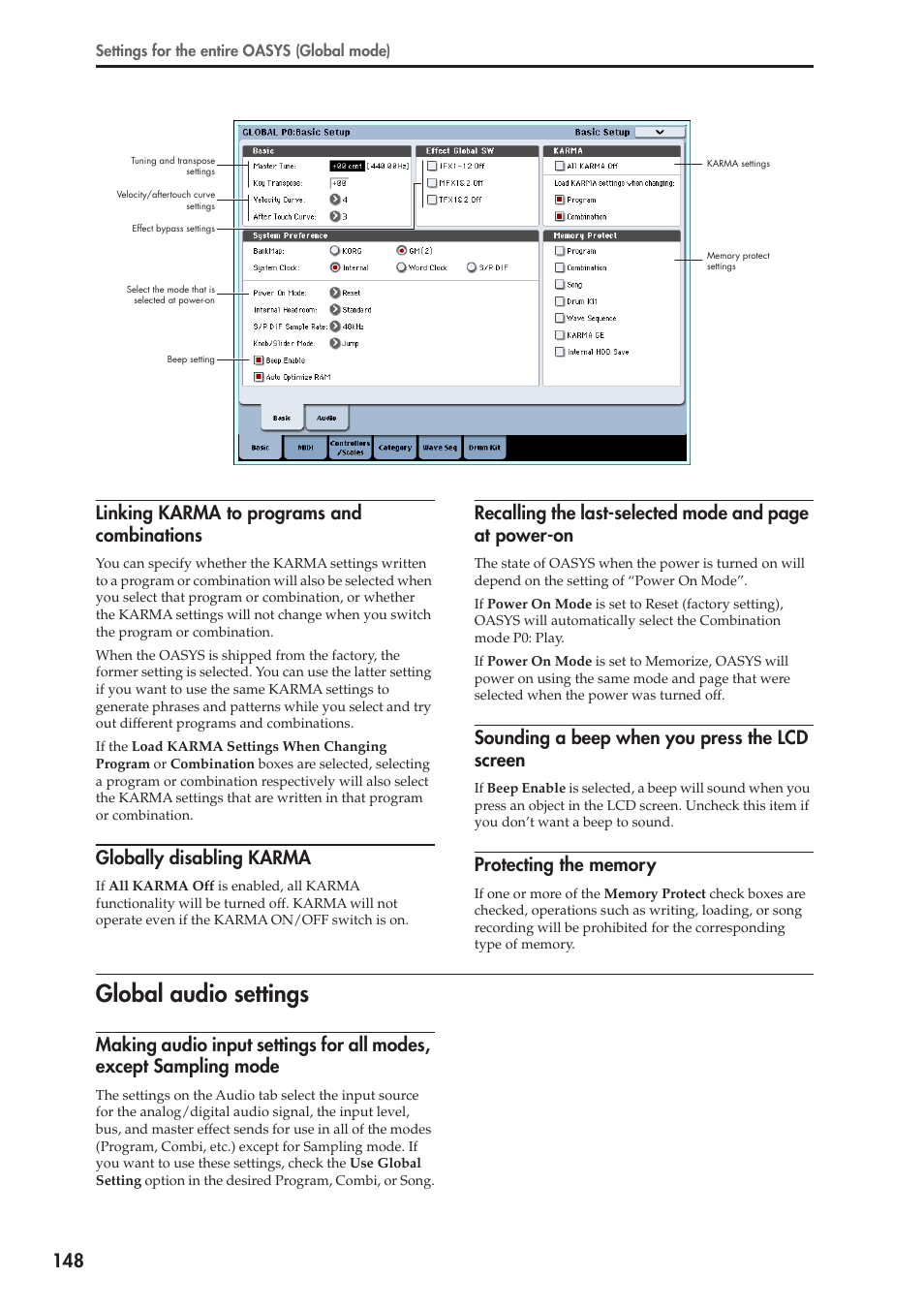 Global audio settings, 148 linking karma to programs and combinations, Globally disabling karma | Sounding a beep when you press the lcd screen | KORG OASYS musical instruments User Manual | Page 156 / 241