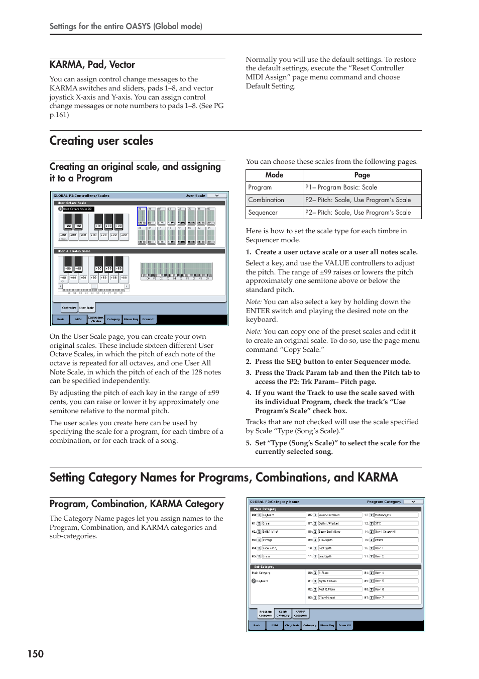 Creating user scales, 150 karma, pad, vector, Program, combination, karma category | KORG OASYS musical instruments User Manual | Page 158 / 241