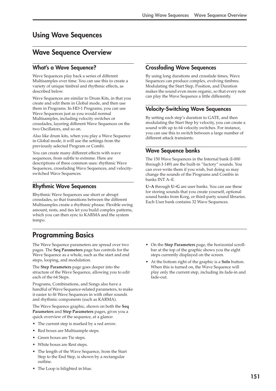 Using wave sequences, Wave sequence overview, Programming basics | Wave sequence overview programming basics, Using wave sequences wave sequence overview | KORG OASYS musical instruments User Manual | Page 159 / 241