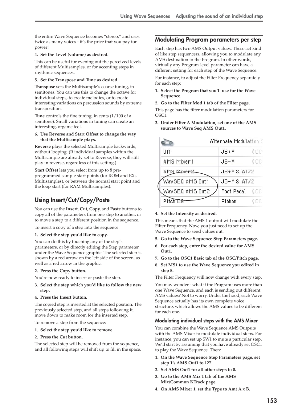 Using insert/cut/copy/paste, Modulating program parameters per step | KORG OASYS musical instruments User Manual | Page 161 / 241