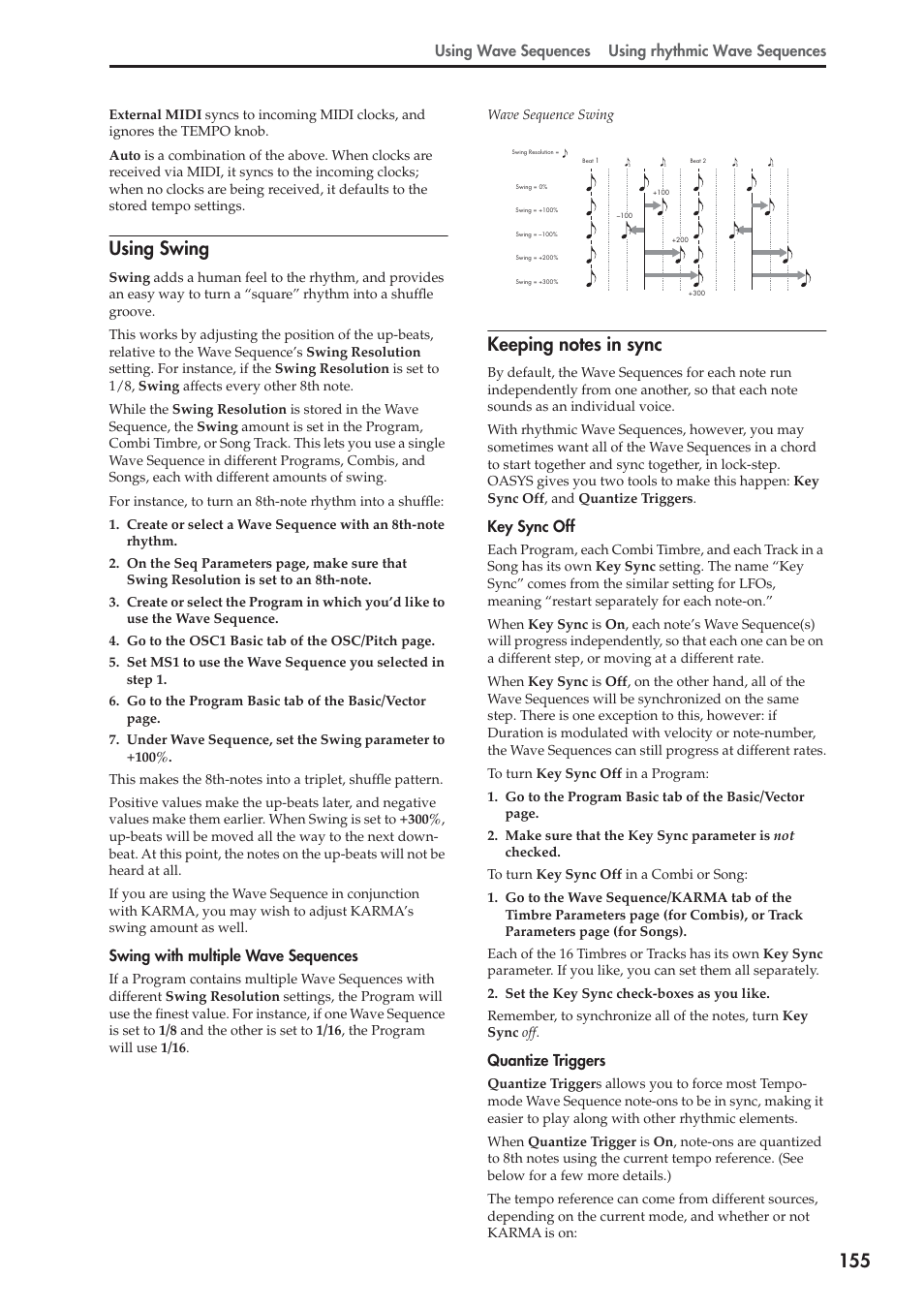 Using swing, Using wave sequences using rhythmic wave sequences, Swing with multiple wave sequences | Key sync off, Quantize triggers | KORG OASYS musical instruments User Manual | Page 163 / 241