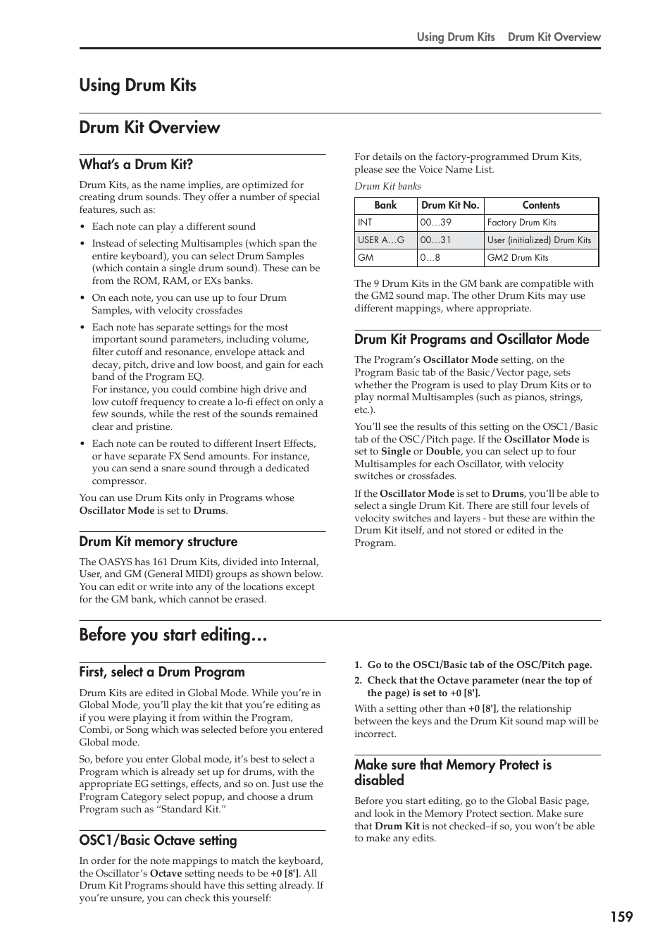 Using drum kits, Drum kit overview, Before you start editing | Drum kit overview before you start editing, Using drum kits drum kit overview, What’s a drum kit, Drum kit programs and oscillator mode, First, select a drum program, Osc1/basic octave setting | KORG OASYS musical instruments User Manual | Page 167 / 241