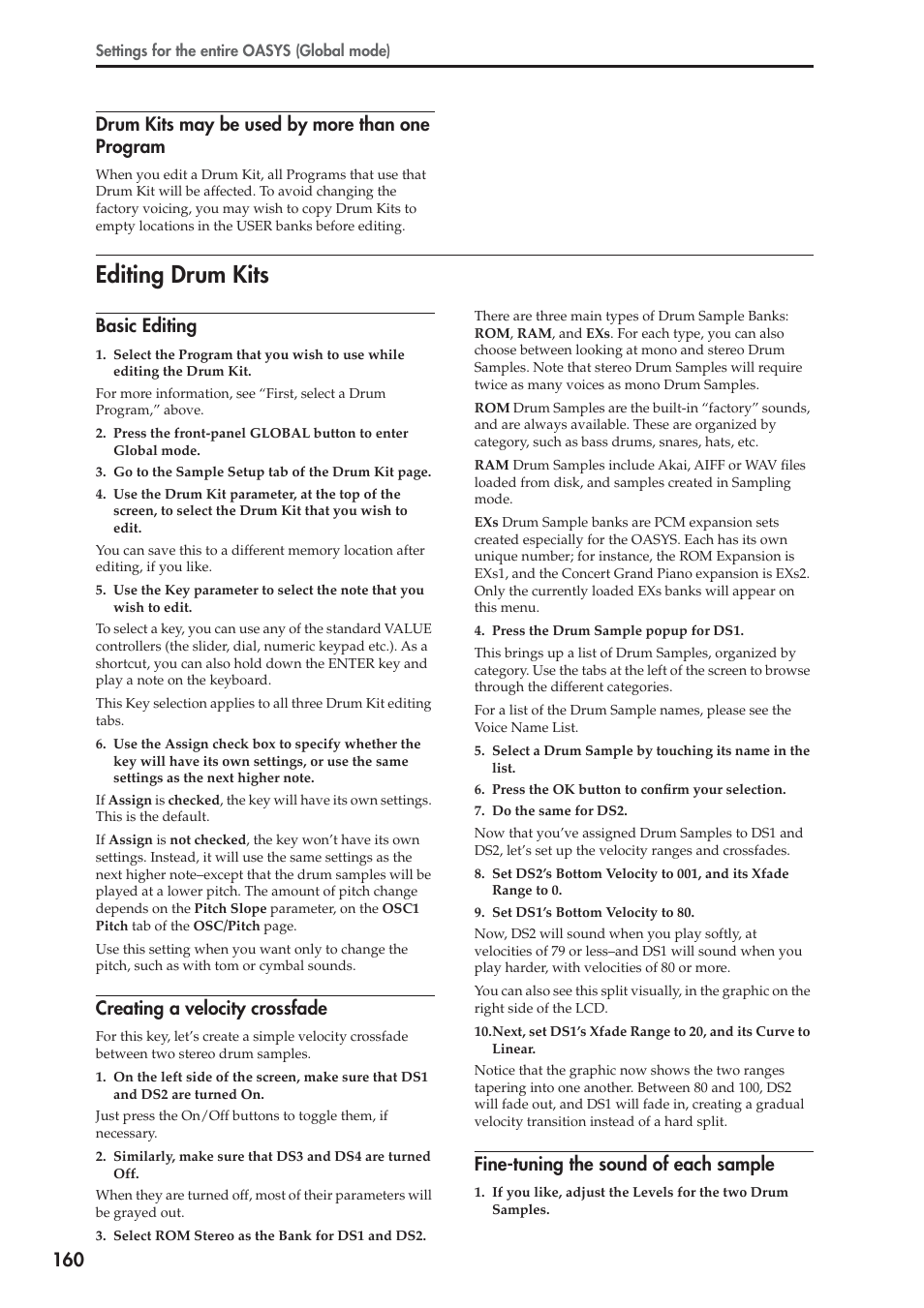 Editing drum kits, 160 drum kits may be used by more than one program, Basic editing | Creating a velocity crossfade, Fine-tuning the sound of each sample | KORG OASYS musical instruments User Manual | Page 168 / 241