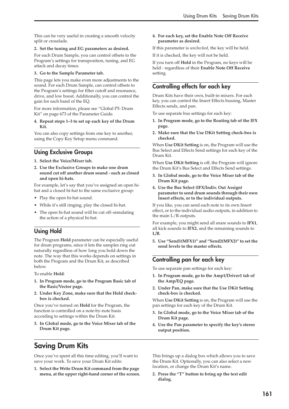 Saving drum kits, Using exclusive groups, Using hold | Controlling effects for each key, Controlling pan for each key | KORG OASYS musical instruments User Manual | Page 169 / 241