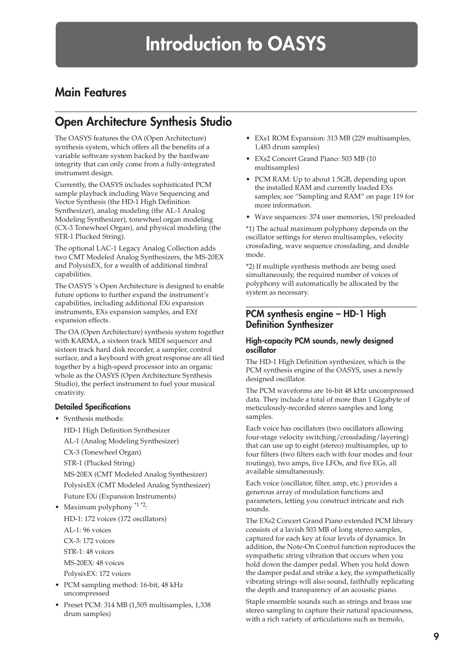 Introduction to oasys, Main features, Open architecture synthesis studio | Main features open architecture synthesis studio | KORG OASYS musical instruments User Manual | Page 17 / 241