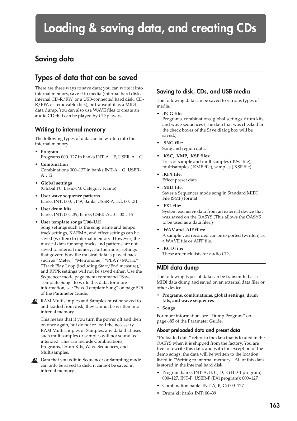 Loading & saving data, and creating cds, Saving data, Types of data that can be saved | Saving data types of data that can be saved, Saving to disk, cds, and usb media, Midi data dump | KORG OASYS musical instruments User Manual | Page 171 / 241