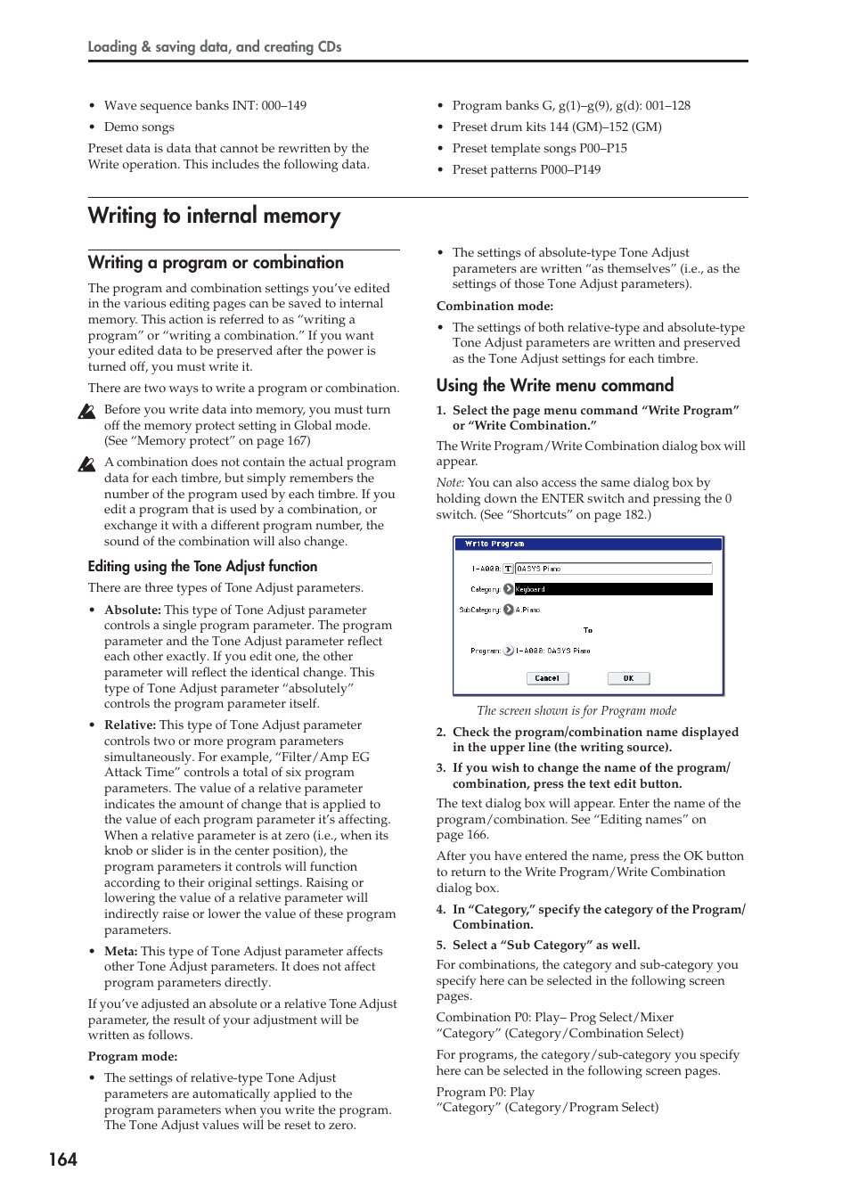 Writing to internal memory, Writing a program or combination, Using the write menu command | KORG OASYS musical instruments User Manual | Page 172 / 241