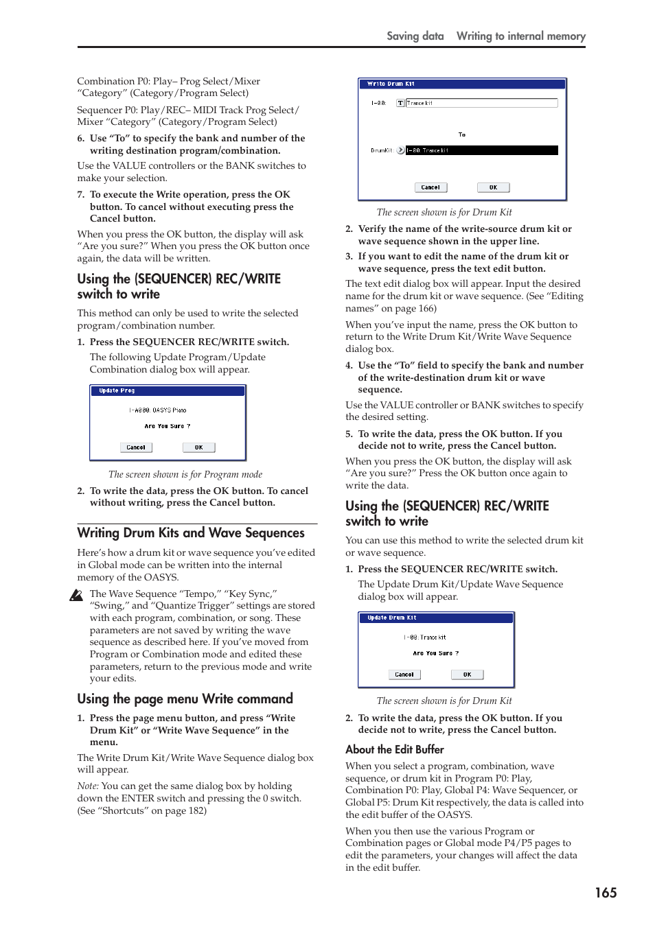 Using the (sequencer) rec/write switch to write, Writing drum kits and wave sequences, Using the page menu write command | KORG OASYS musical instruments User Manual | Page 173 / 241