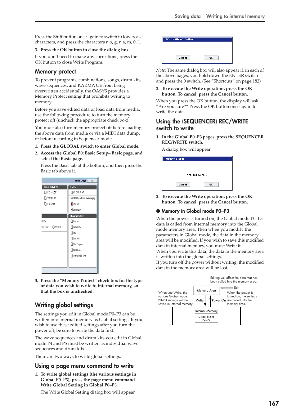 Writing global settings, Using a page menu command to write, Using the (sequencer) rec/write switch to write | KORG OASYS musical instruments User Manual | Page 175 / 241