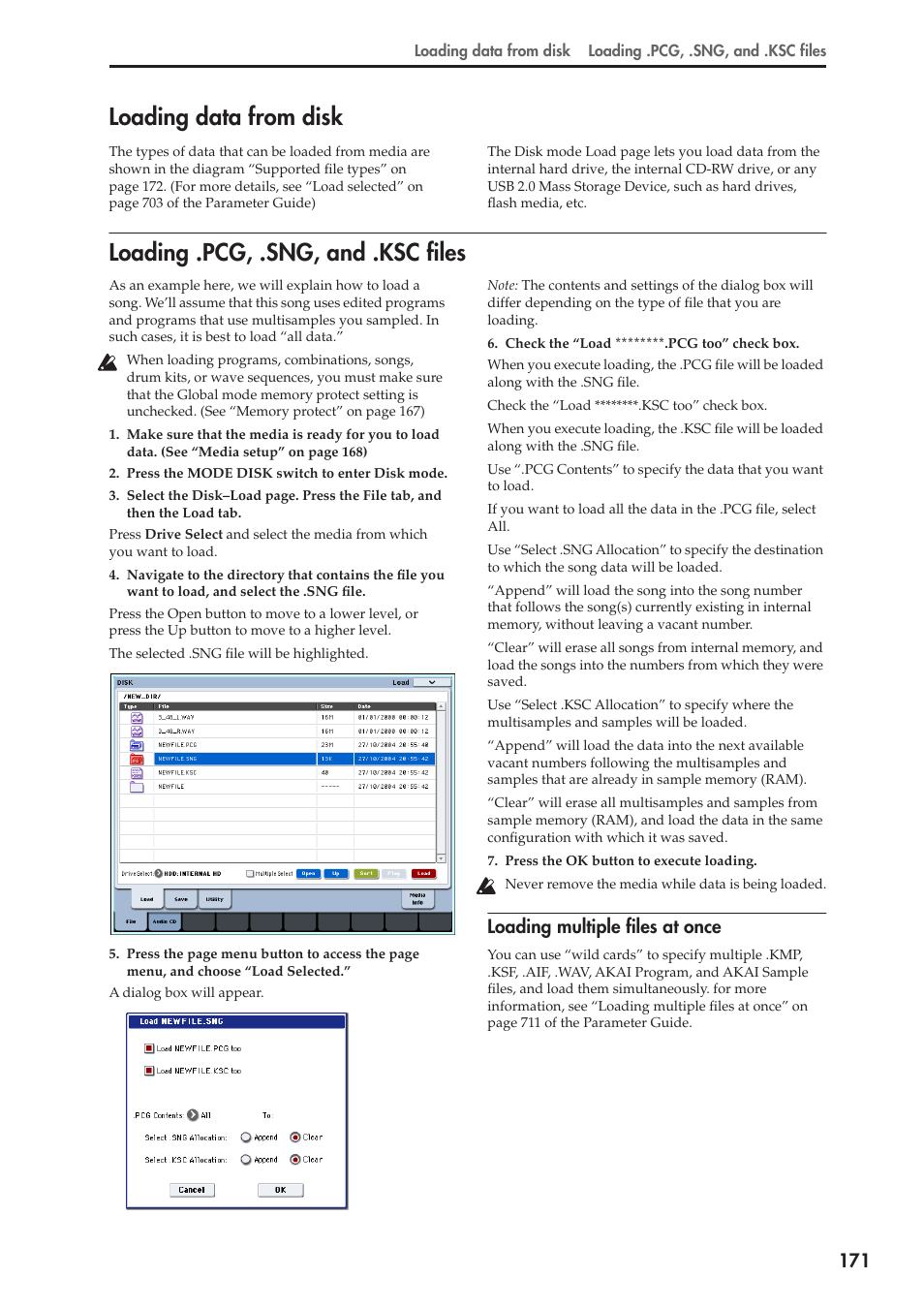 Loading data from disk, Loading .pcg, .sng, and .ksc files, Loading multiple files at once | KORG OASYS musical instruments User Manual | Page 179 / 241