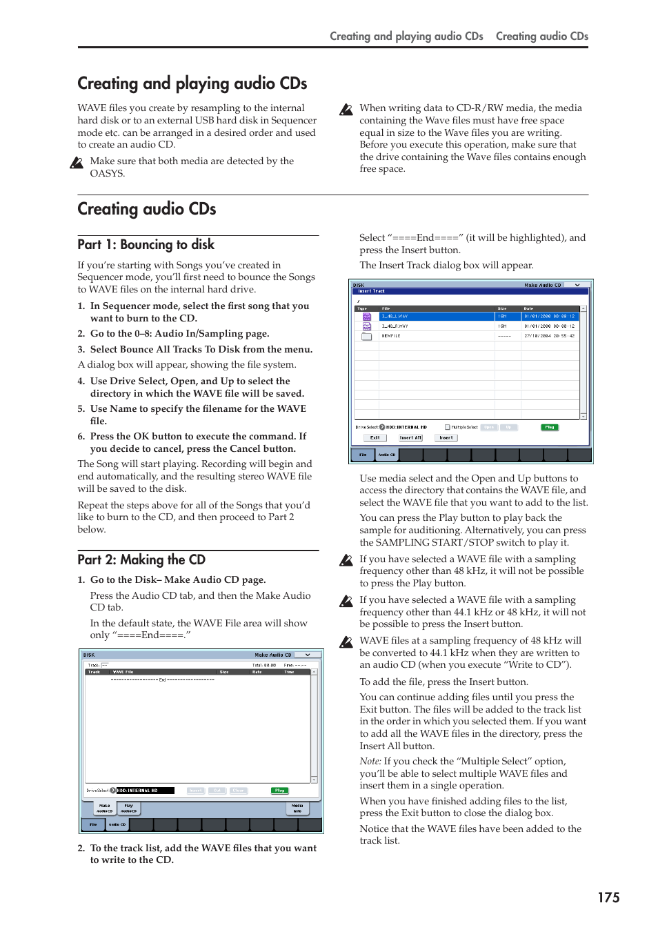 Creating and playing audio cds, Creating audio cds, Part 1: bouncing to disk | Part 2: making the cd | KORG OASYS musical instruments User Manual | Page 183 / 241