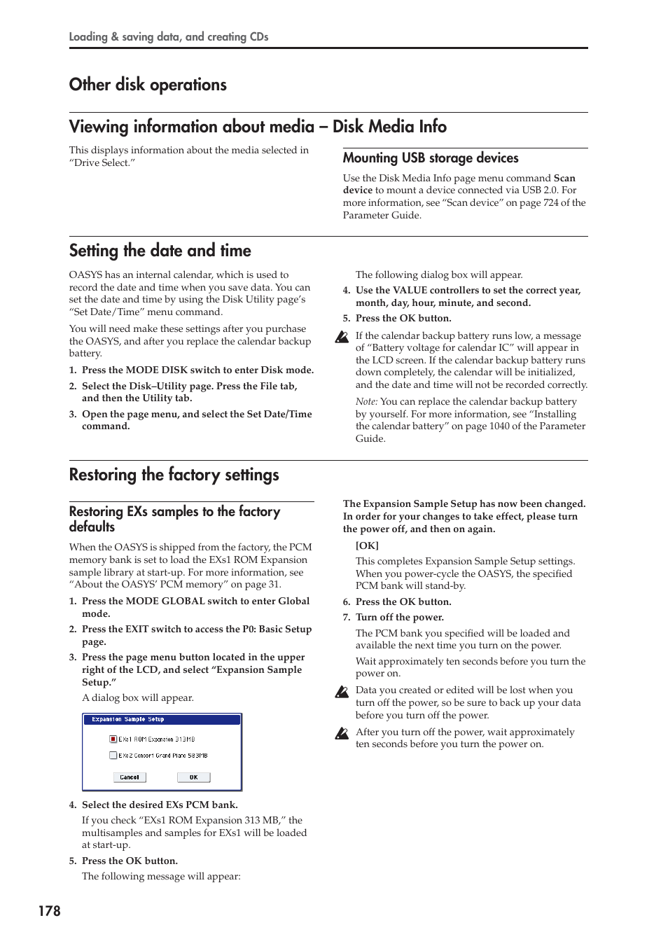 Other disk operations, Viewing information about media - disk media info, Setting the date and time | Restoring the factory settings, Mounting usb storage devices, Restoring exs samples to the factory defaults | KORG OASYS musical instruments User Manual | Page 186 / 241
