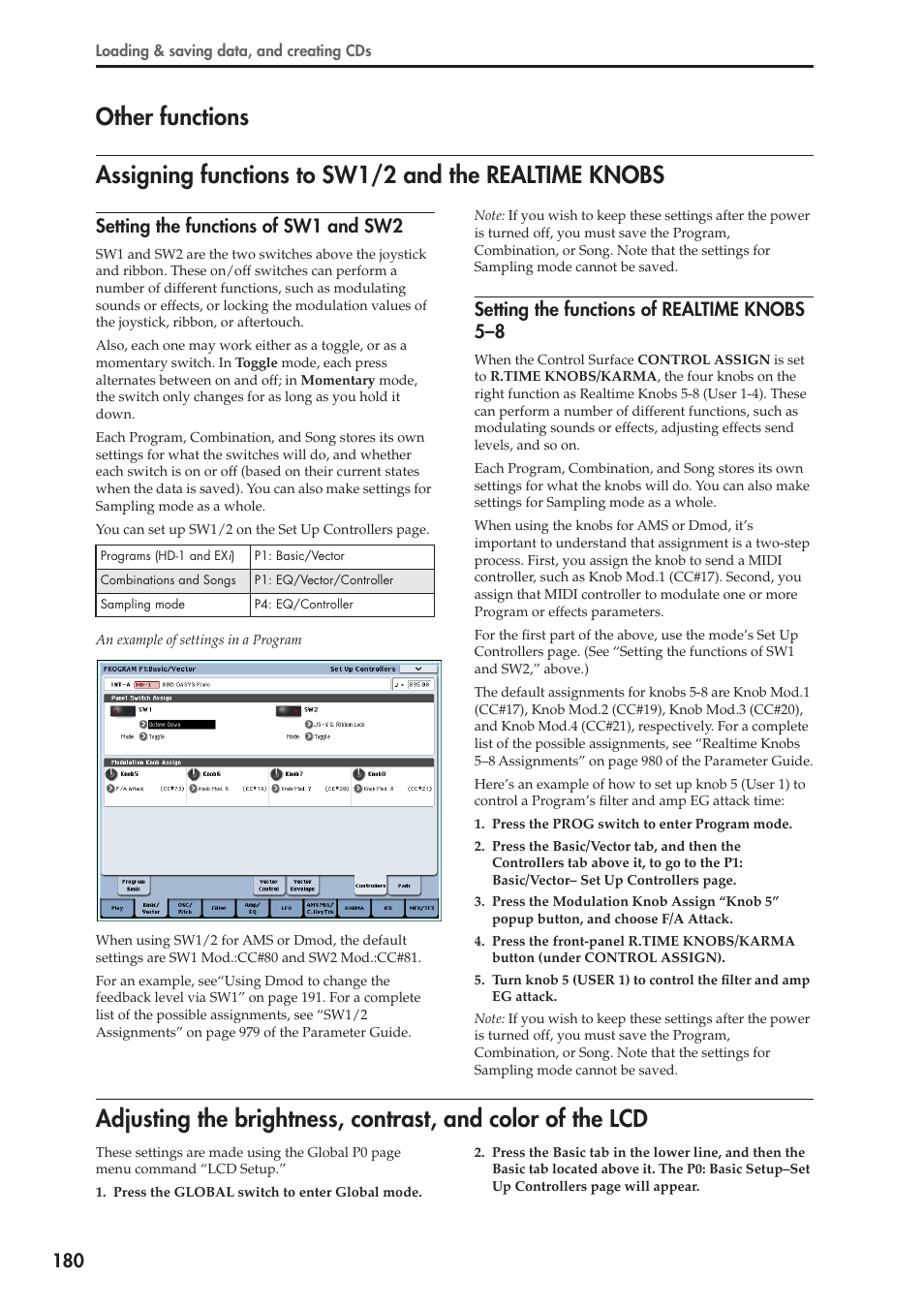 Other functions, Setting the functions of sw1 and sw2, Setting the functions of realtime knobs 5–8 | KORG OASYS musical instruments User Manual | Page 188 / 241