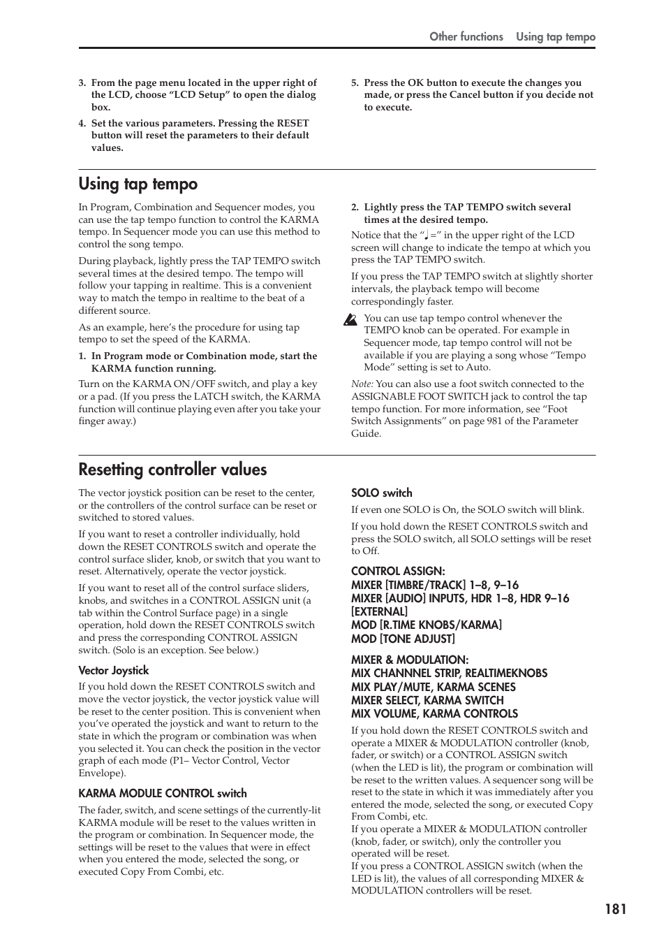 Using tap tempo, Resetting controller values, Using tap tempo resetting controller values | KORG OASYS musical instruments User Manual | Page 189 / 241