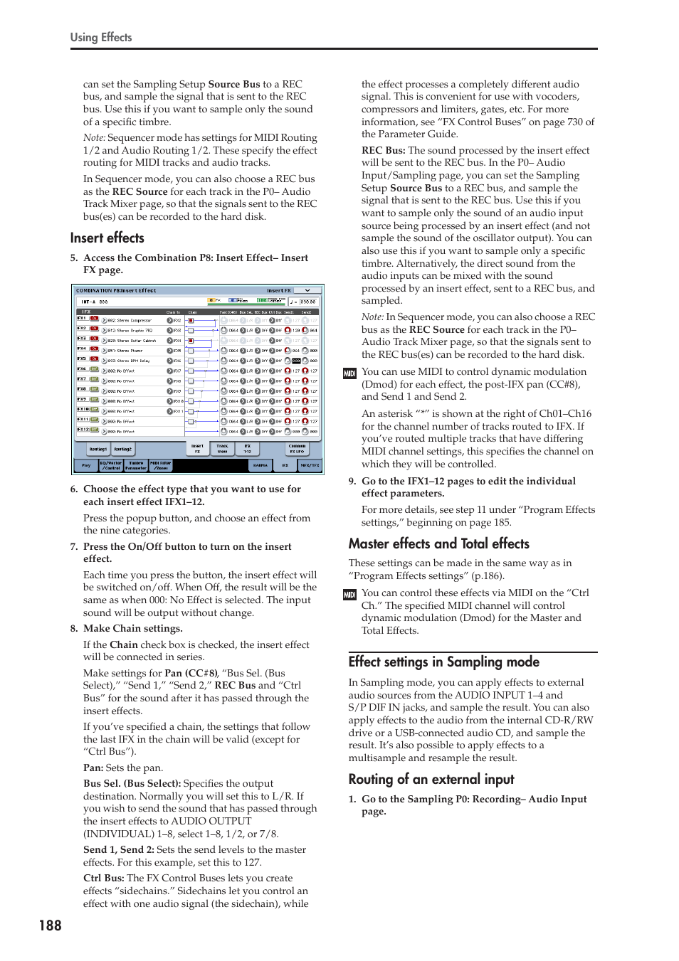 Insert effects, Master effects and total effects, Effect settings in sampling mode | Routing of an external input | KORG OASYS musical instruments User Manual | Page 196 / 241