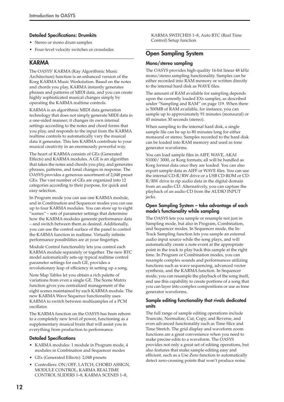 Karma, Open sampling system | KORG OASYS musical instruments User Manual | Page 20 / 241