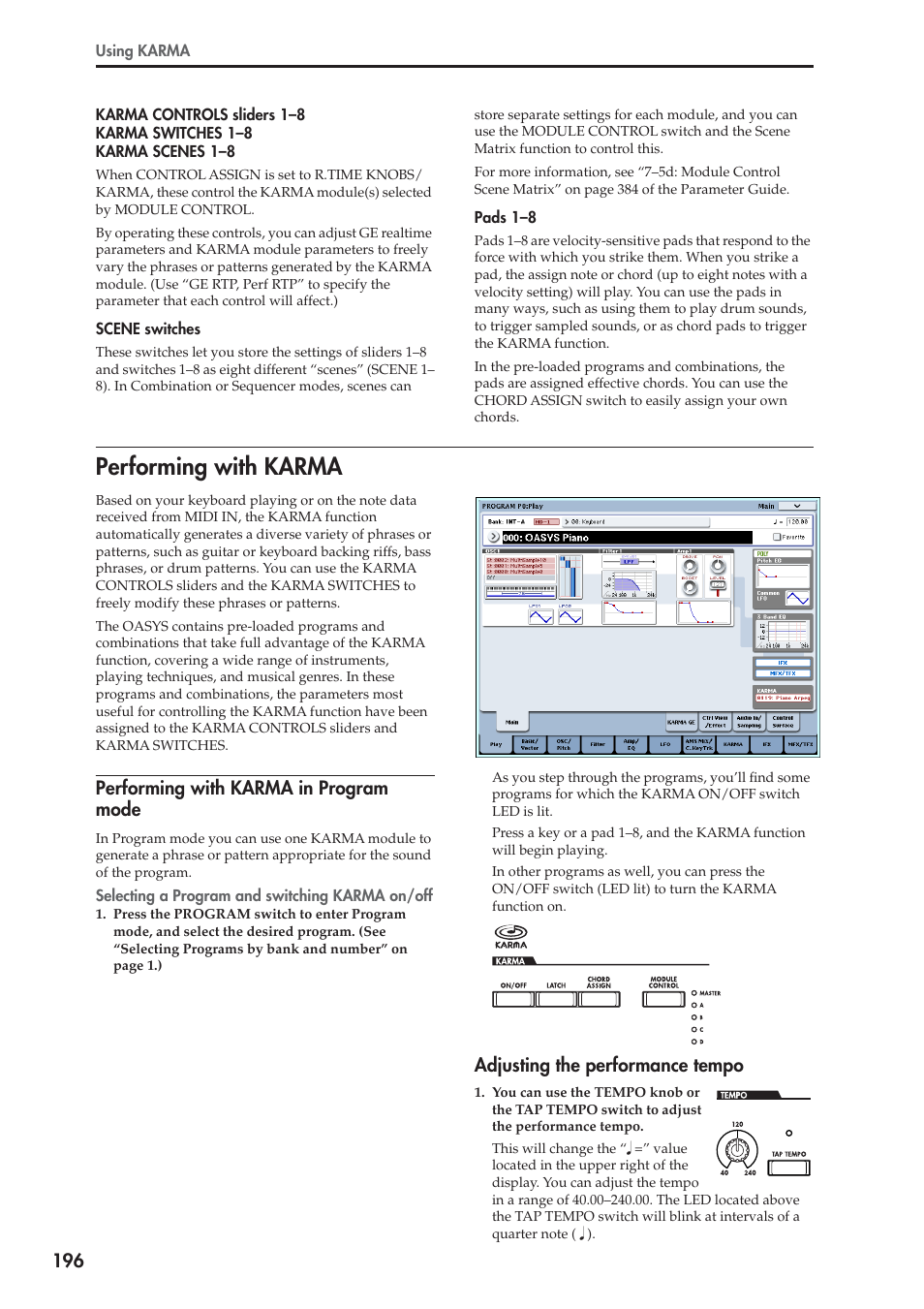 Performing with karma, Performing with karma in program mode, Adjusting the performance tempo | KORG OASYS musical instruments User Manual | Page 204 / 241