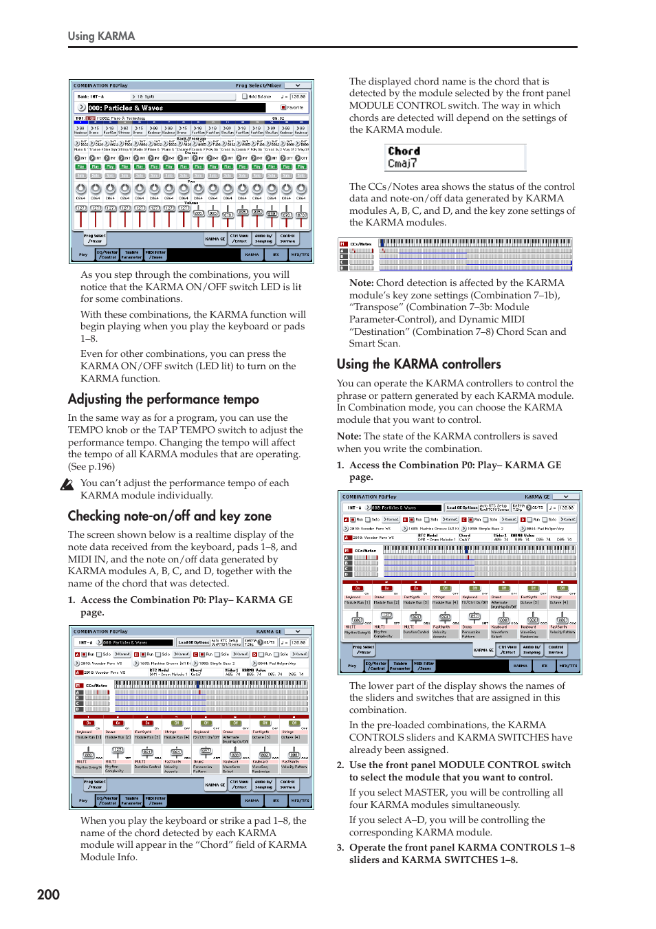 Adjusting the performance tempo, Using the karma controllers | KORG OASYS musical instruments User Manual | Page 208 / 241