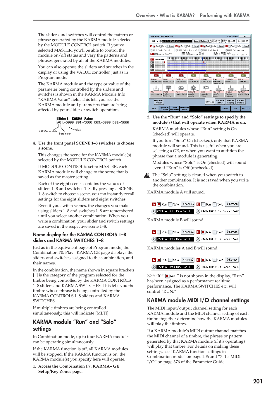 Karma module “run” and “solo” settings, Karma module midi i/o channel settings | KORG OASYS musical instruments User Manual | Page 209 / 241