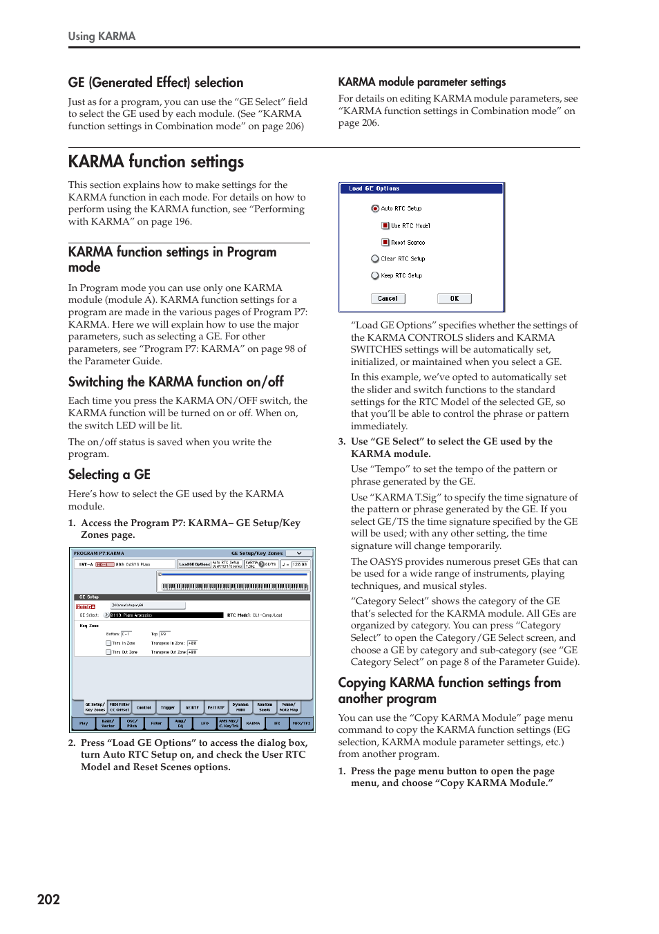 Karma function settings, 202 ge (generated effect) selection, Karma function settings in program mode | Switching the karma function on/off, Selecting a ge | KORG OASYS musical instruments User Manual | Page 210 / 241