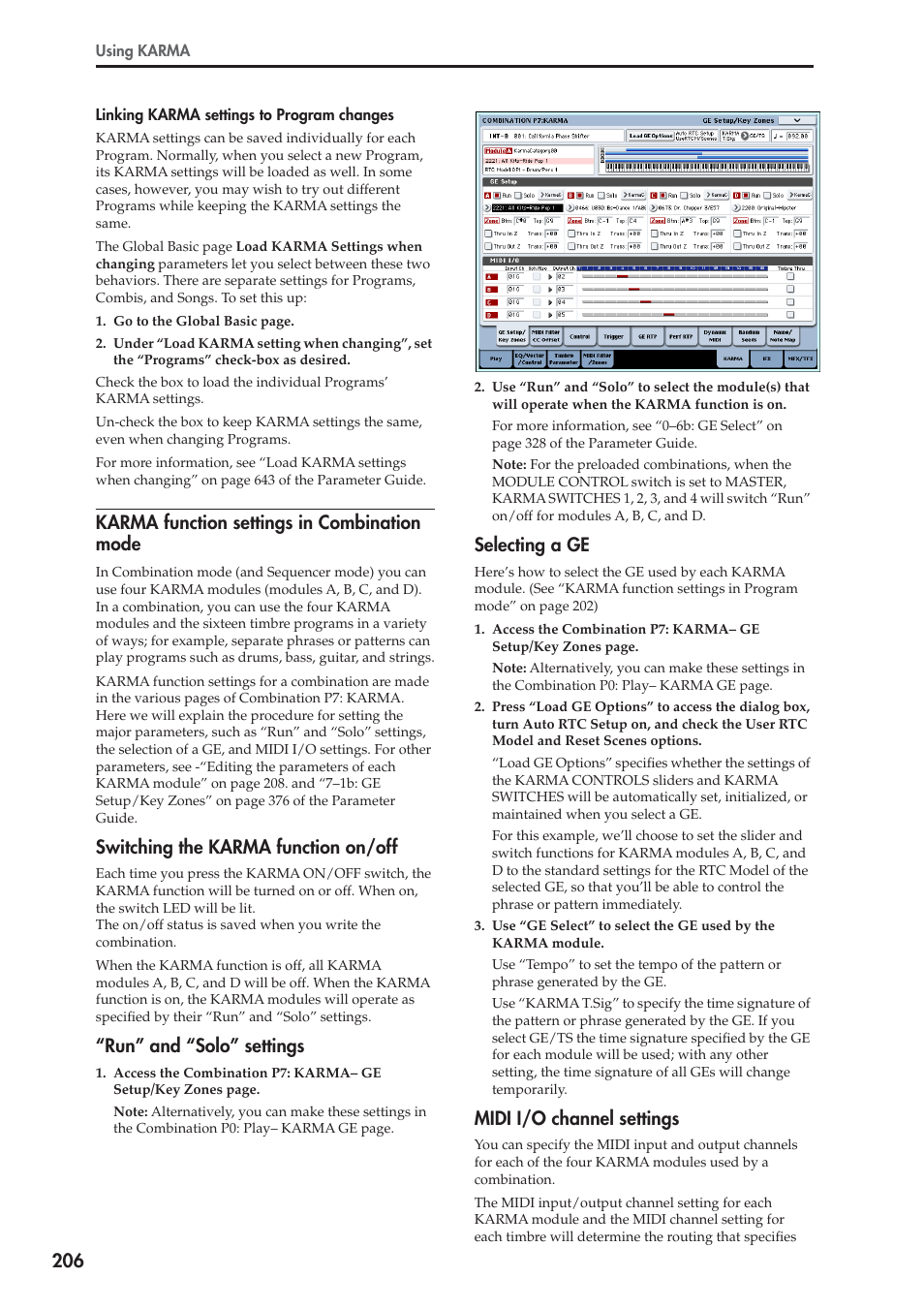 Karma function settings in combination mode, Switching the karma function on/off, Run” and “solo” settings | Selecting a ge, Midi i/o channel settings | KORG OASYS musical instruments User Manual | Page 214 / 241