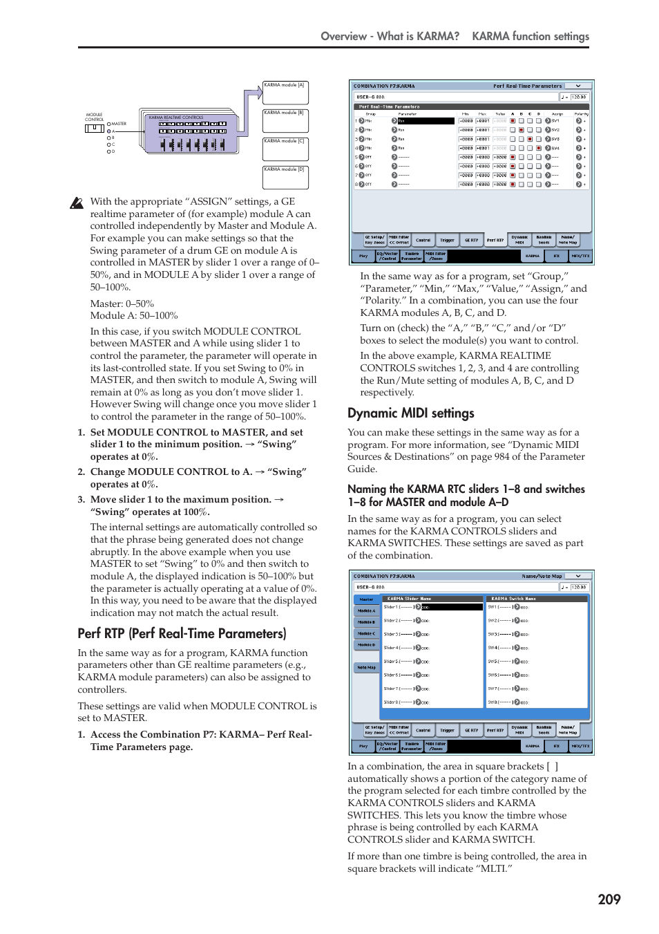 Perf rtp (perf real-time parameters), Dynamic midi settings, Overview - what is karma? karma function settings | KORG OASYS musical instruments User Manual | Page 217 / 241