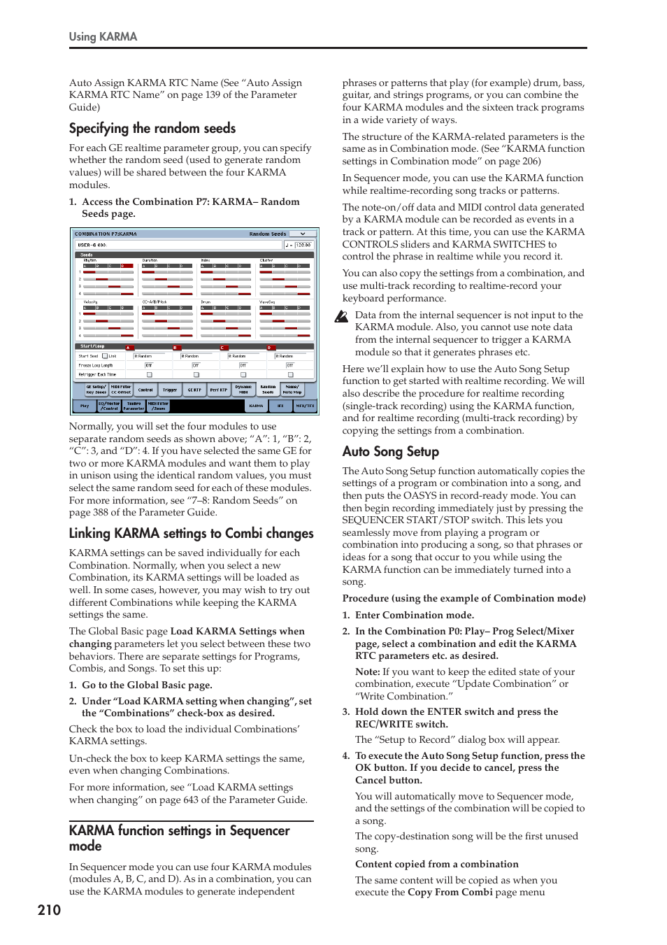 Specifying the random seeds, Linking karma settings to combi changes, Karma function settings in sequencer mode | Auto song setup | KORG OASYS musical instruments User Manual | Page 218 / 241