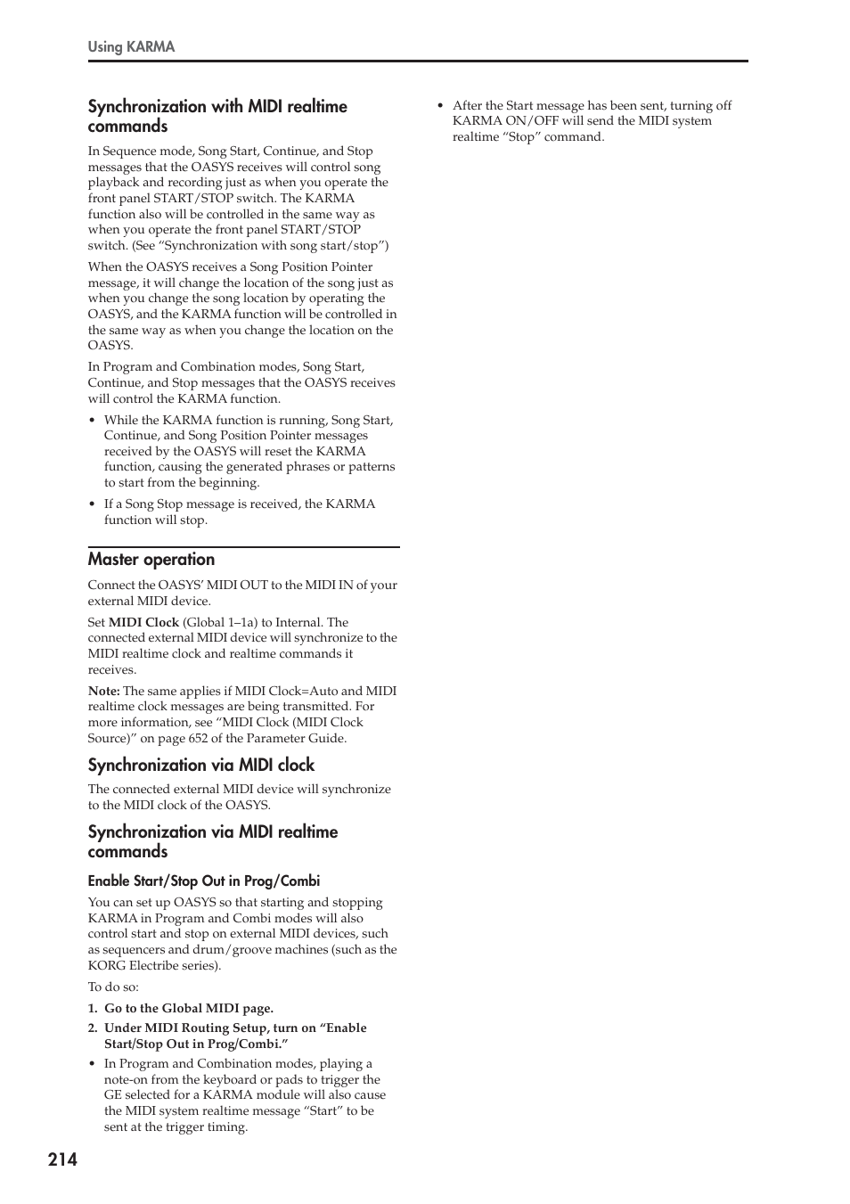 214 synchronization with midi realtime commands, Master operation, Synchronization via midi clock | Synchronization via midi realtime commands | KORG OASYS musical instruments User Manual | Page 222 / 241
