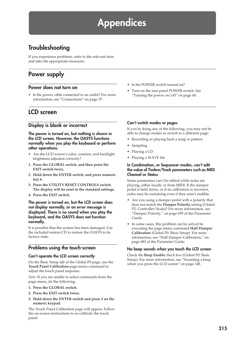 Appendices, Troubleshooting, Power supply | Lcd screen, Power supply lcd screen | KORG OASYS musical instruments User Manual | Page 223 / 241