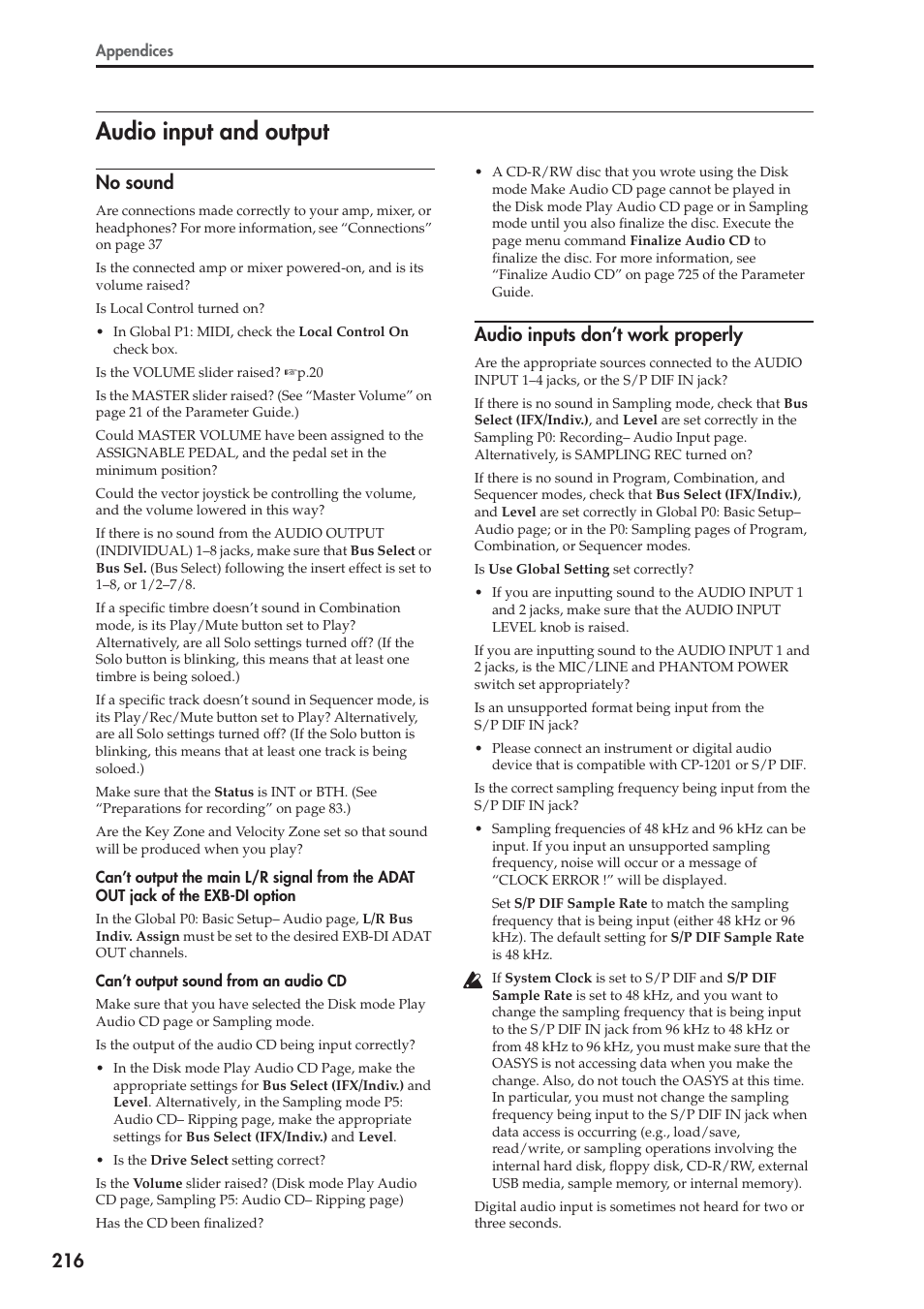 Audio input and output, No sound, Audio inputs don’t work properly | KORG OASYS musical instruments User Manual | Page 224 / 241