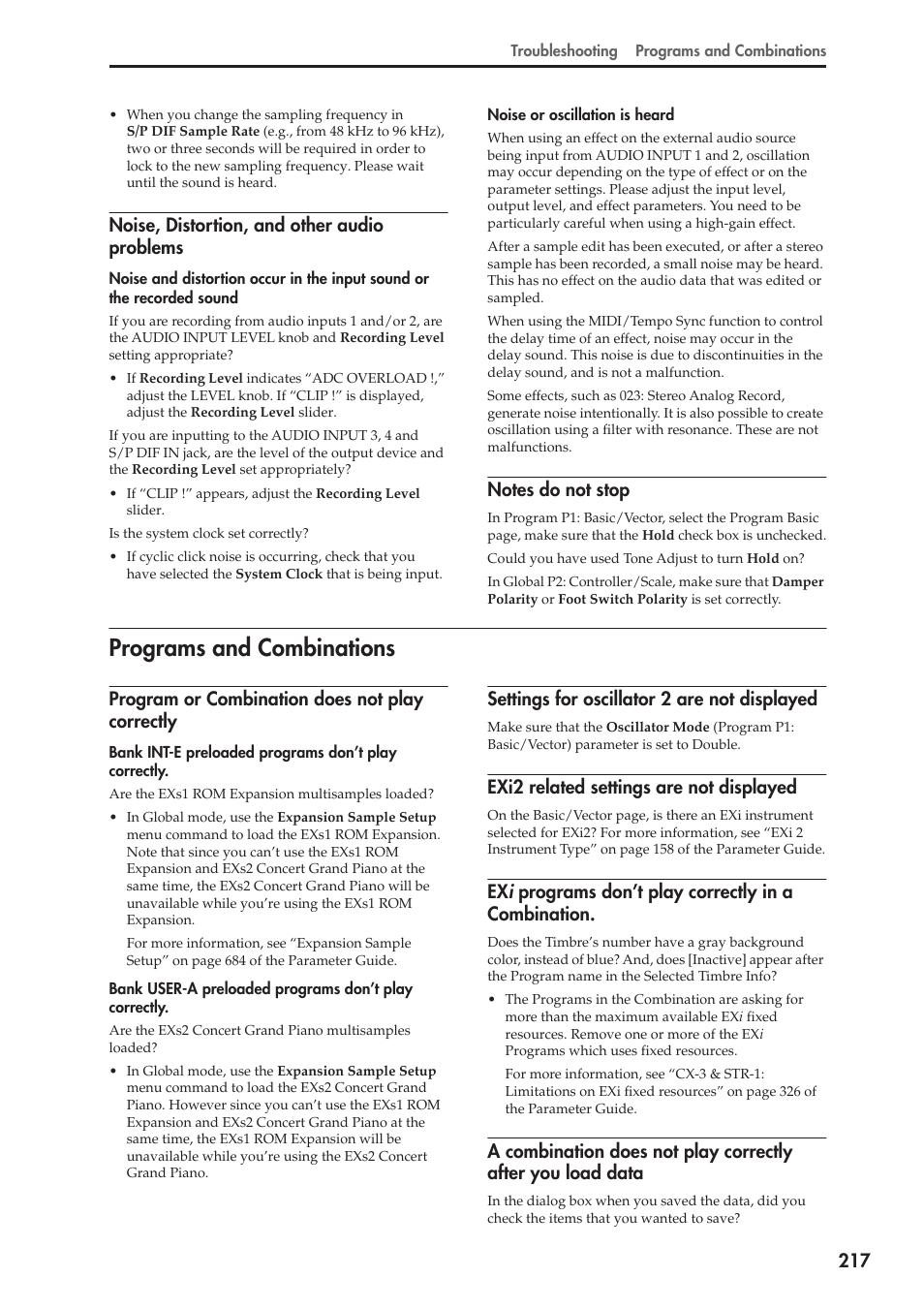 Programs and combinations, Noise, distortion, and other audio problems, Program or combination does not play correctly | Settings for oscillator 2 are not displayed, Exi2 related settings are not displayed | KORG OASYS musical instruments User Manual | Page 225 / 241