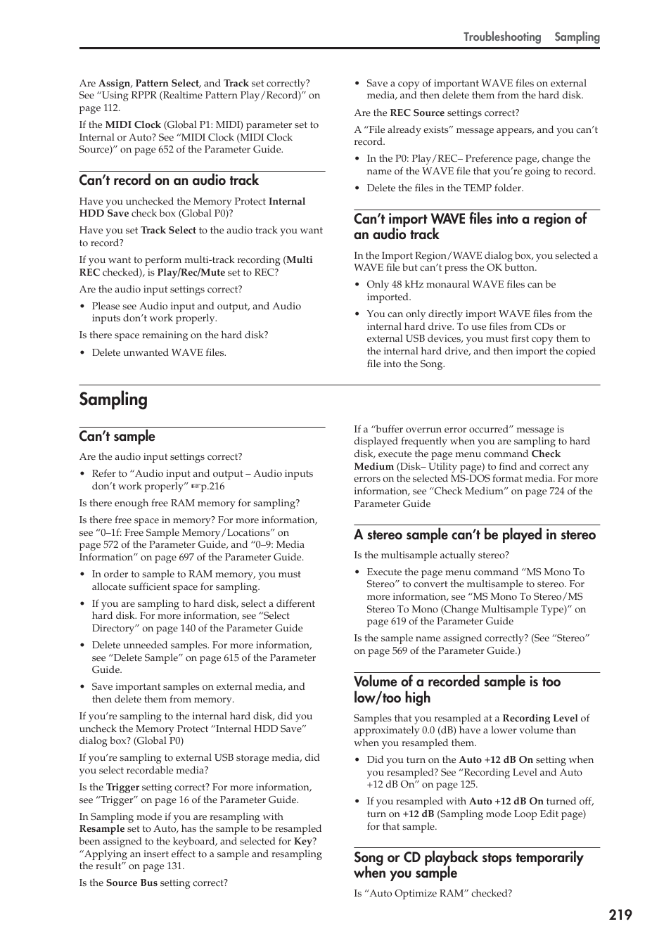 Sampling, Can’t record on an audio track, Can’t sample | A stereo sample can’t be played in stereo, Volume of a recorded sample is too low/too high | KORG OASYS musical instruments User Manual | Page 227 / 241