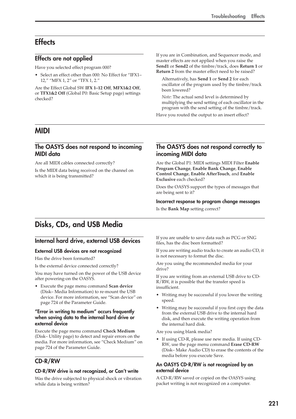 Effects, Midi, Disks, cds, and usb media | Effects midi disks, cds, and usb media, Effects are not applied, The oasys does not respond to incoming midi data, Internal hard drive, external usb devices, Cd-r/rw | KORG OASYS musical instruments User Manual | Page 229 / 241