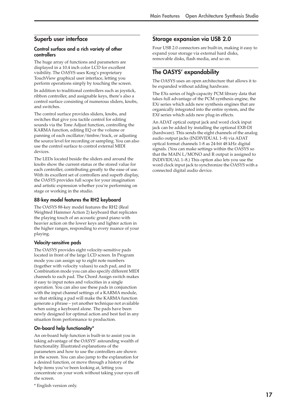 17 superb user interface, Storage expansion via usb 2.0, The oasys’ expandability | KORG OASYS musical instruments User Manual | Page 25 / 241